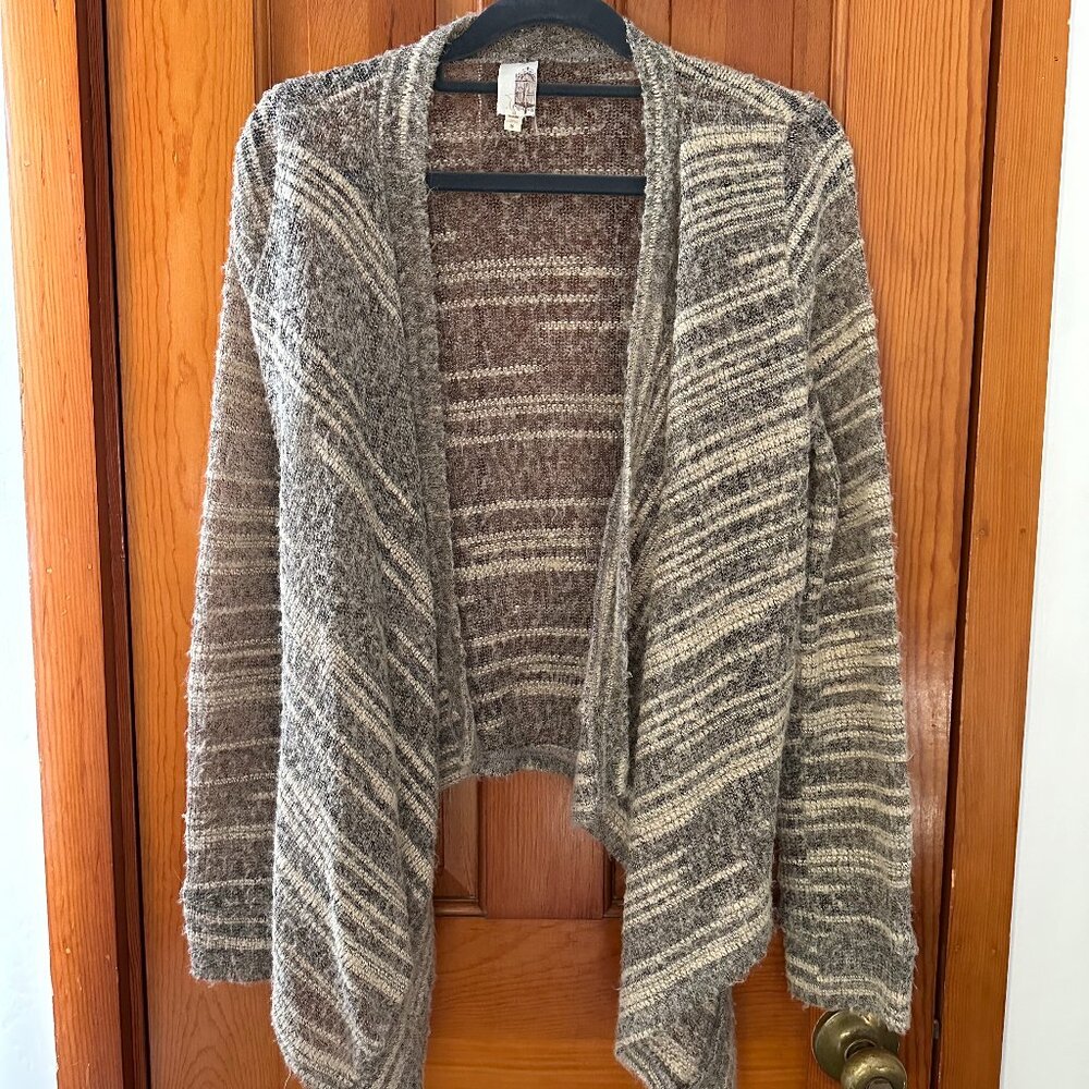 Women's Striped Open Front Waterfall Sweater - Small, Grey and White